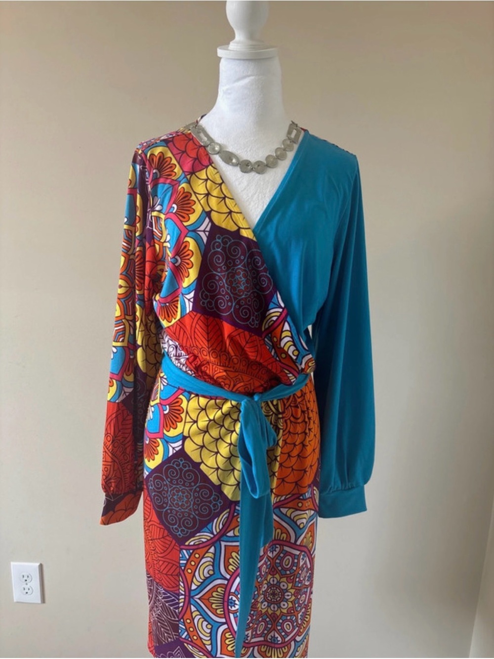 Bohemian Mandala Mixed Print Wrap Dress – Teal & Red Boho Long Sleeve